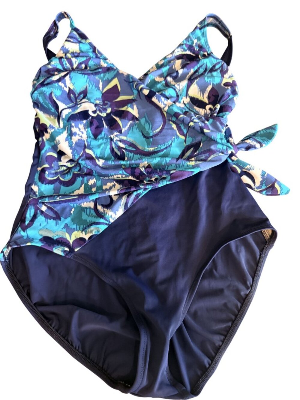 Roxanne Classics Womens 16/40C Navy & Blue Print 1-Piece Swimsuit With Side Tie
